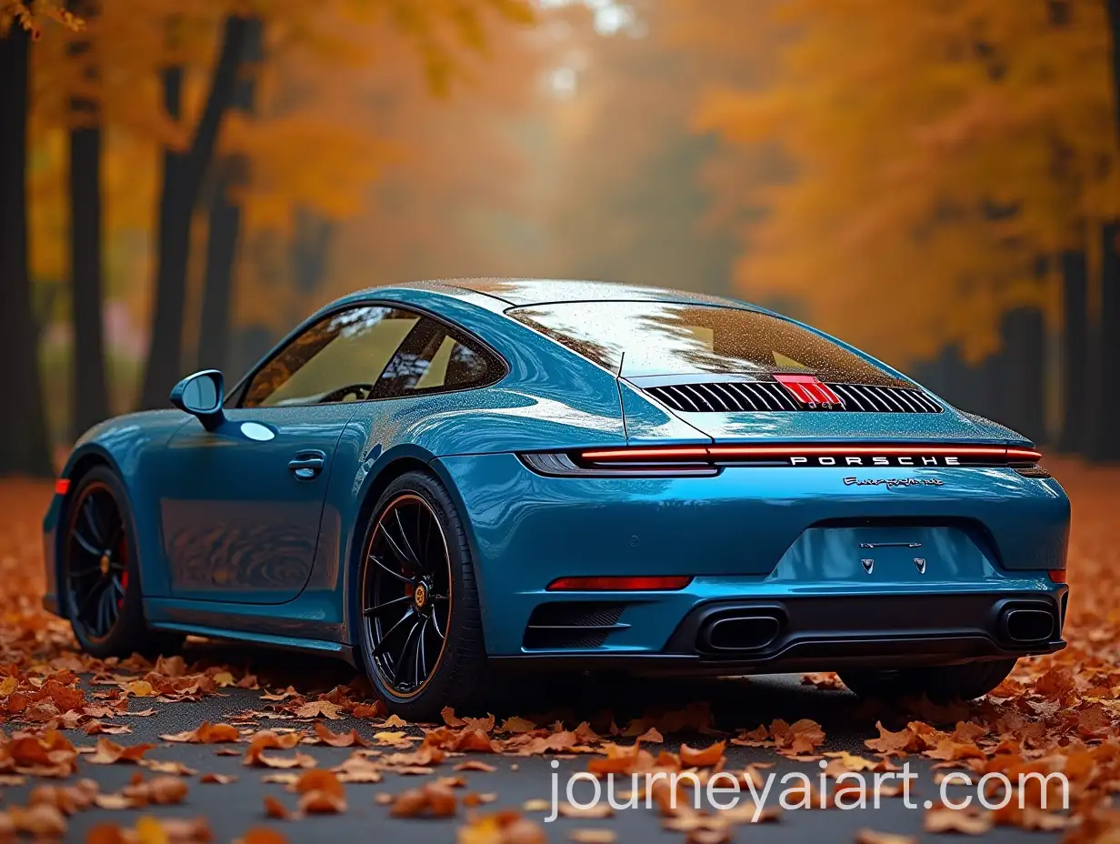 Blue-Porsche-911-in-Autumn-Landscape-with-Falling-Leaves