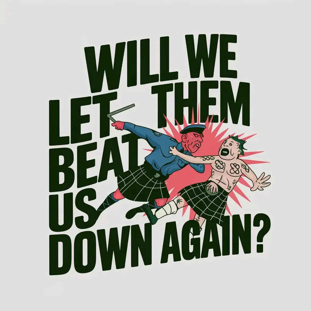 LOGO Design for Will We Let Them Beat Us Down Again Enraged Police Officer Red Eyes Batton Terrified Protester in Kilt with Celtic Symbols Theme