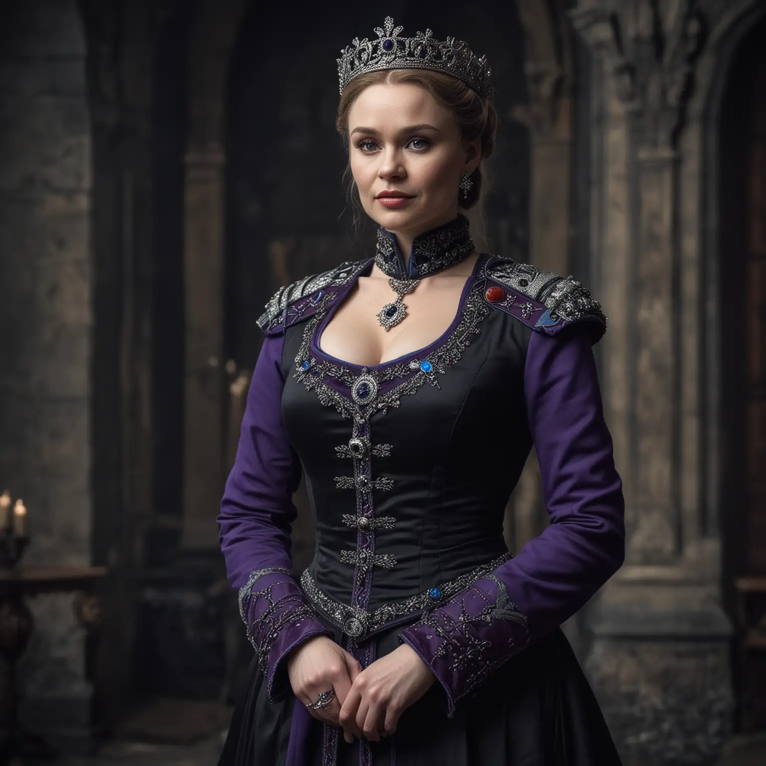 a very beautiful game of thrones latvian princess in a domineering mood. 50 years old, she has huge breasts and a slim waist. she is in winterfell hall. she is wearing royal dress uniform in black, grey, and purple with blue trimmings. she is in command, creating an atmosphere of excitement and defiance.