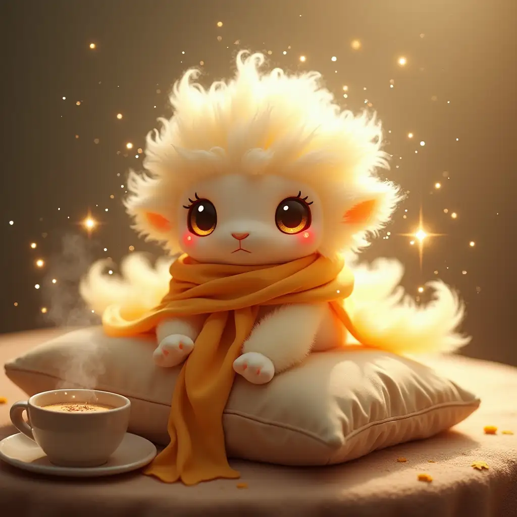 Zimpa, a floating creature seemingly made of morning clouds and golden sunlight, sits on a soft pillow. It has no visible limbs, but tiny particles of mist and light drift from its body. Its eyes glow like two living amber gems. A silky scarf, resembling dewdrop-kissed feathers, wraps around its body, while a steaming cup of hot cocoa rests beside it on the table.