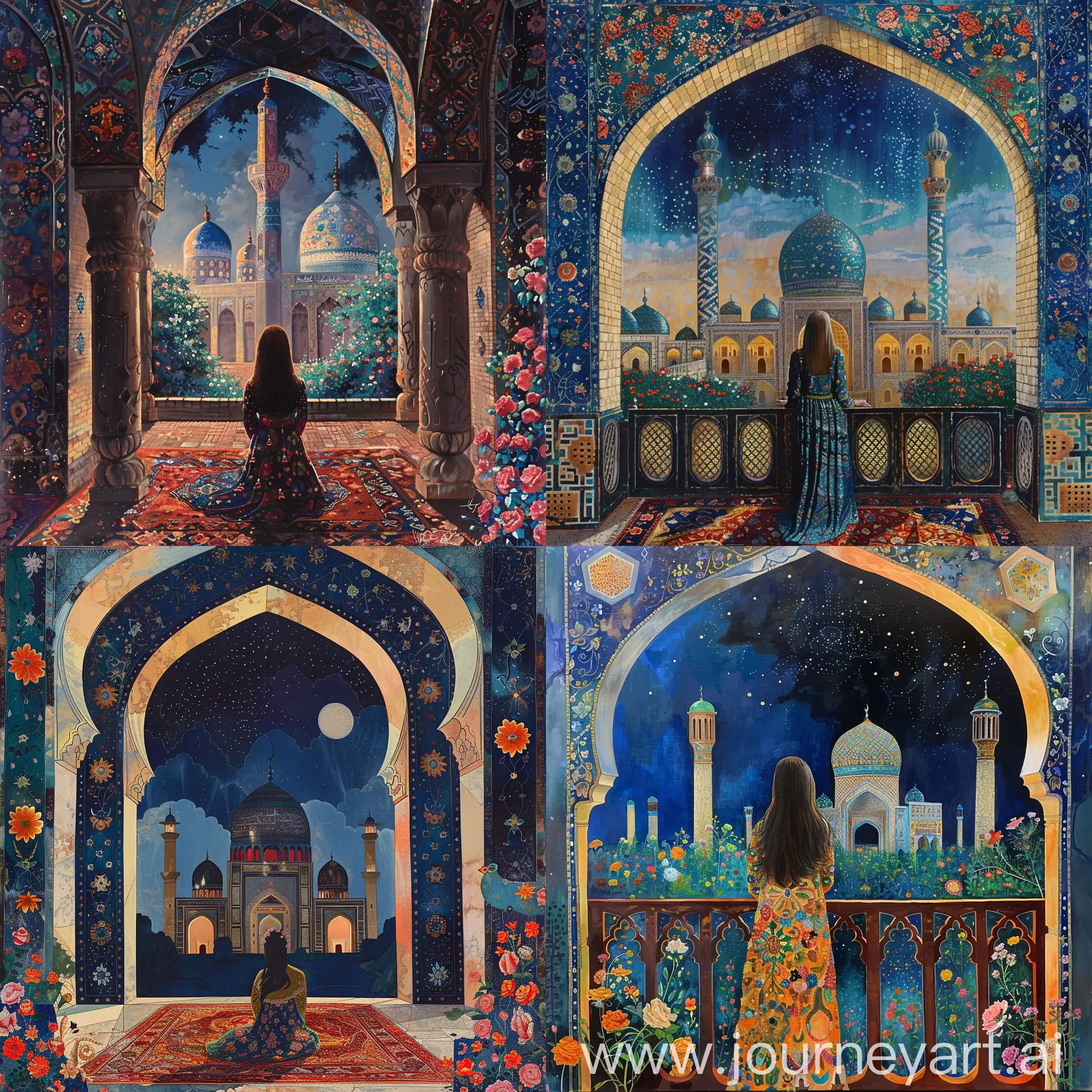 Mughal-Balcony-with-Sufi-Dervish-Girl-and-Uzbekistan-Style-Mosque-at-Night