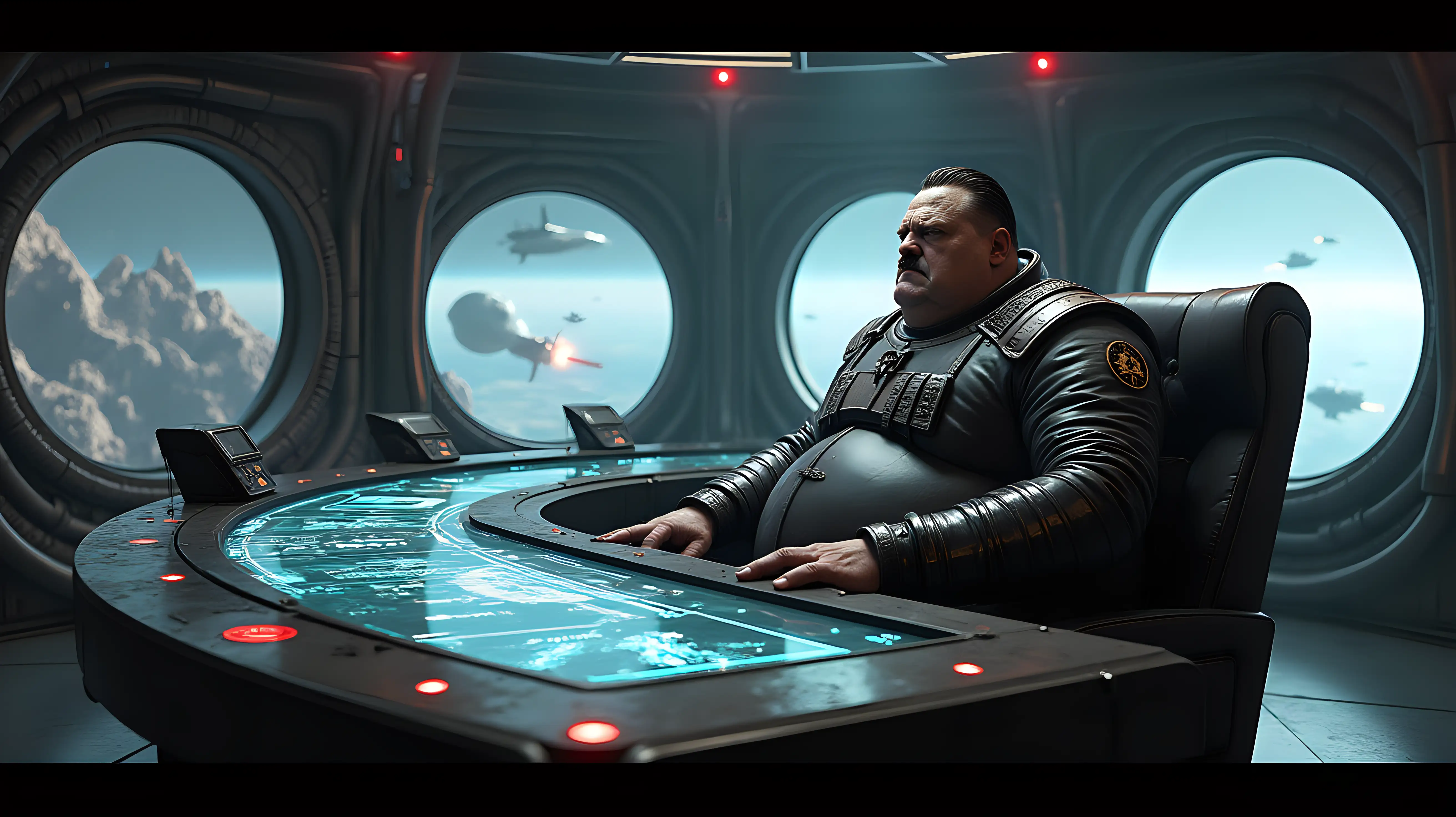 Depict a grotesque, imposing Adolf Hitler lookalike figure seated at a massive, industrial-style desk in a circular control room. The figure is extremely obese and pale, with slicked-back, thinning dark hair and a face lined with malice and ambition. His angular, tightly fitted spacesuit stretches over his bulk, featuring metallic accents and a worn, utilitarian design. A sharp-edged insignia is embossed on his chest plate, its dull gunmetal finish catching the faint glow of surrounding lights. The desk is wide and heavily detailed, constructed of dark, matte metal with integrated glowing panels. Holographic displays float above and across its surface, projecting maps of galactic territories, schematics of spacecraft, and streams of tactical data. The projections emit soft, muted glows in red and blue, casting cold light across the figure and the industrial interior. The control room is vast and circular, with massive observation windows curving around the walls. Through the windows, a sprawling asteroid field is visible in breathtaking detail, jagged rocks floating silently in the void. Cold starlight faintly illuminates the asteroids, while flashes from distant spacecraft battles and explosions punctuate the scene, adding dynamic tension. The environment is dark and foreboding, with towering conduits, exposed machinery, and dim, flickering lights creating sharp contrasts. The muted palette of blacks, grays, and metallic tones is accented by the red and blue glows of the holographic displays, reinforcing the cold, oppressive atmosphere of the high-tech command center.