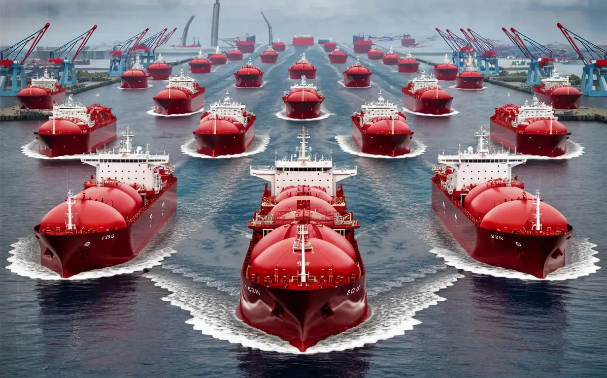 Numerous Red LNG and Gas Ships Approaching Port in New Trade Corridor