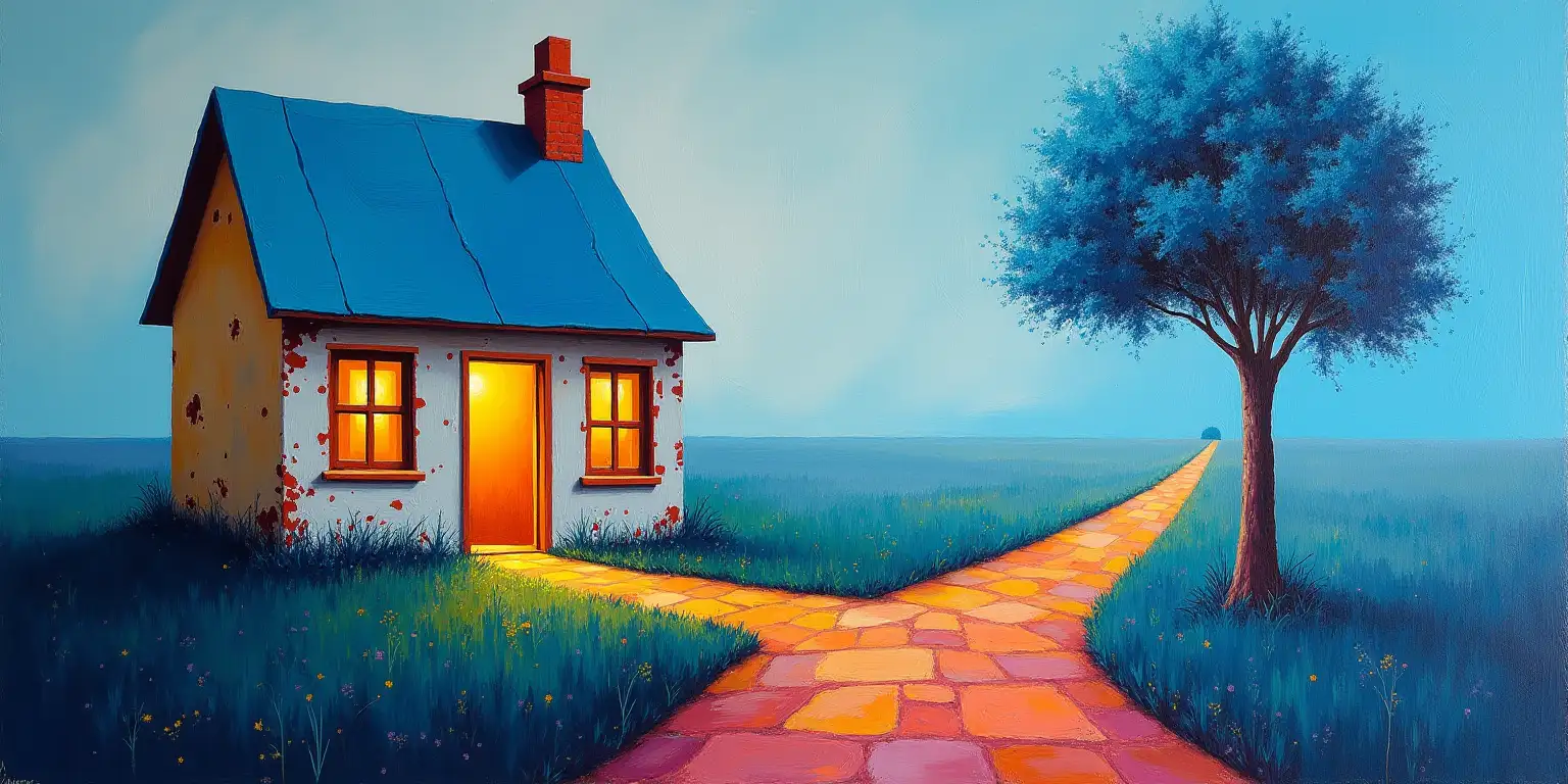 Surreal House with Blue Roof and Colorful Pathway