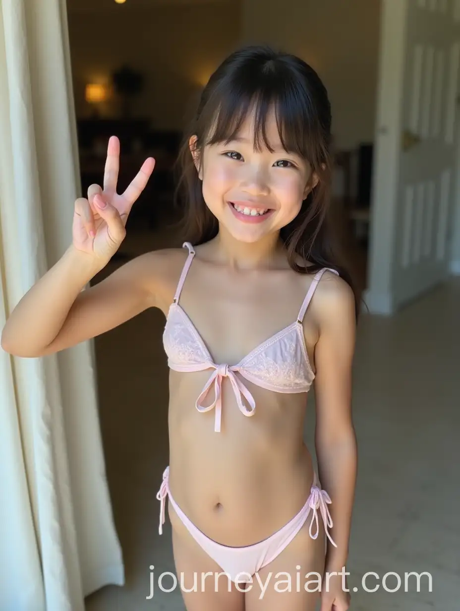 Asian-Girl-in-Bathing-Suit-Making-Peace-Sign-Inside-Mansion