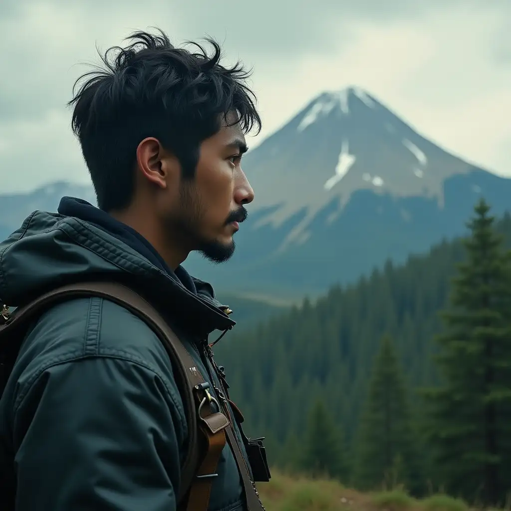 75mm realistic photo portrait of a man with a small mountain in the forest in the background, he is one of the gang members, the overall image has a cinematic 3D rendering style and is inspired by cinematic techniques, wildlife photography, traditional painting techniques such as ukiyo-e and various artistic techniques