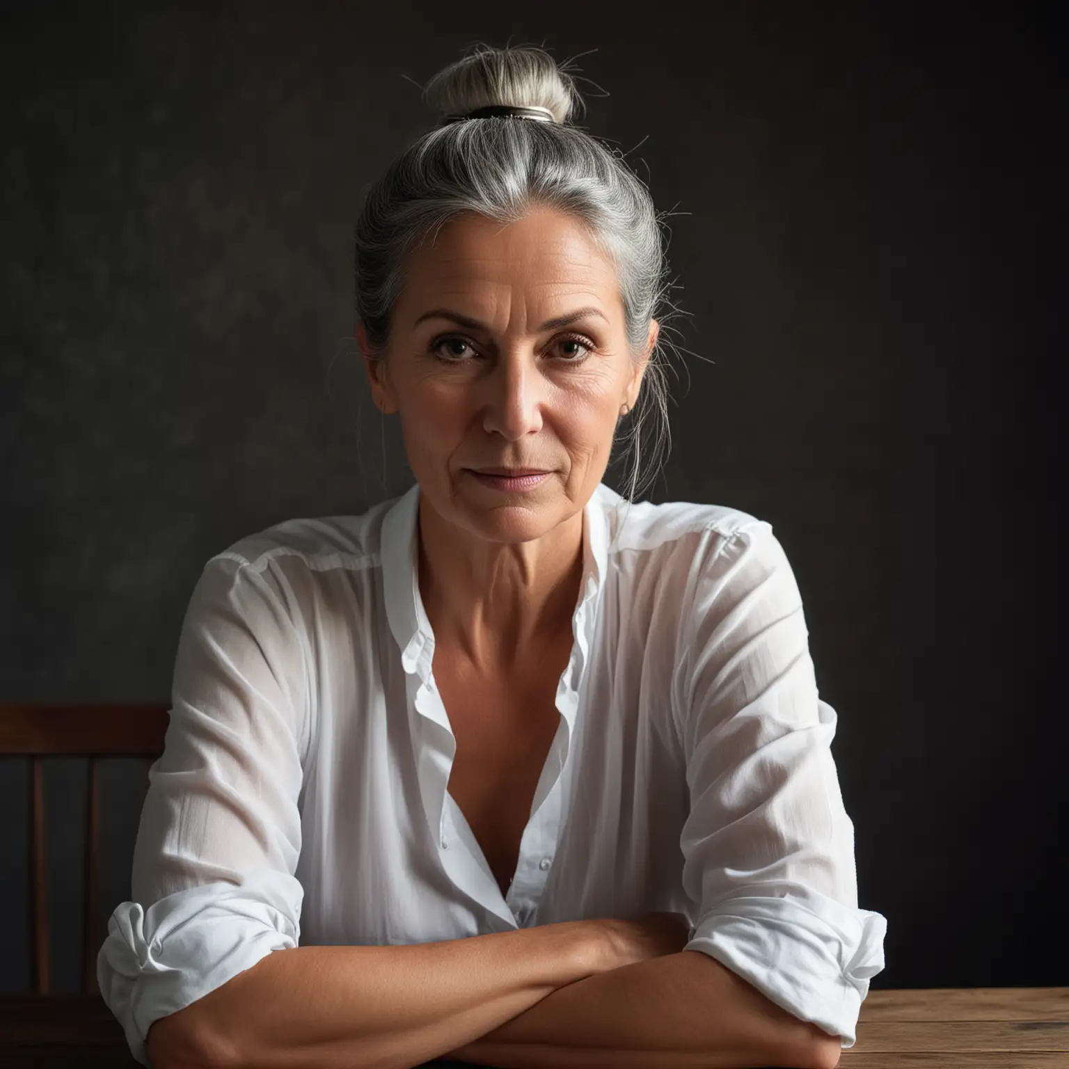 Portrait of Serious 60YearOld Woman with Grey Hair in Bun