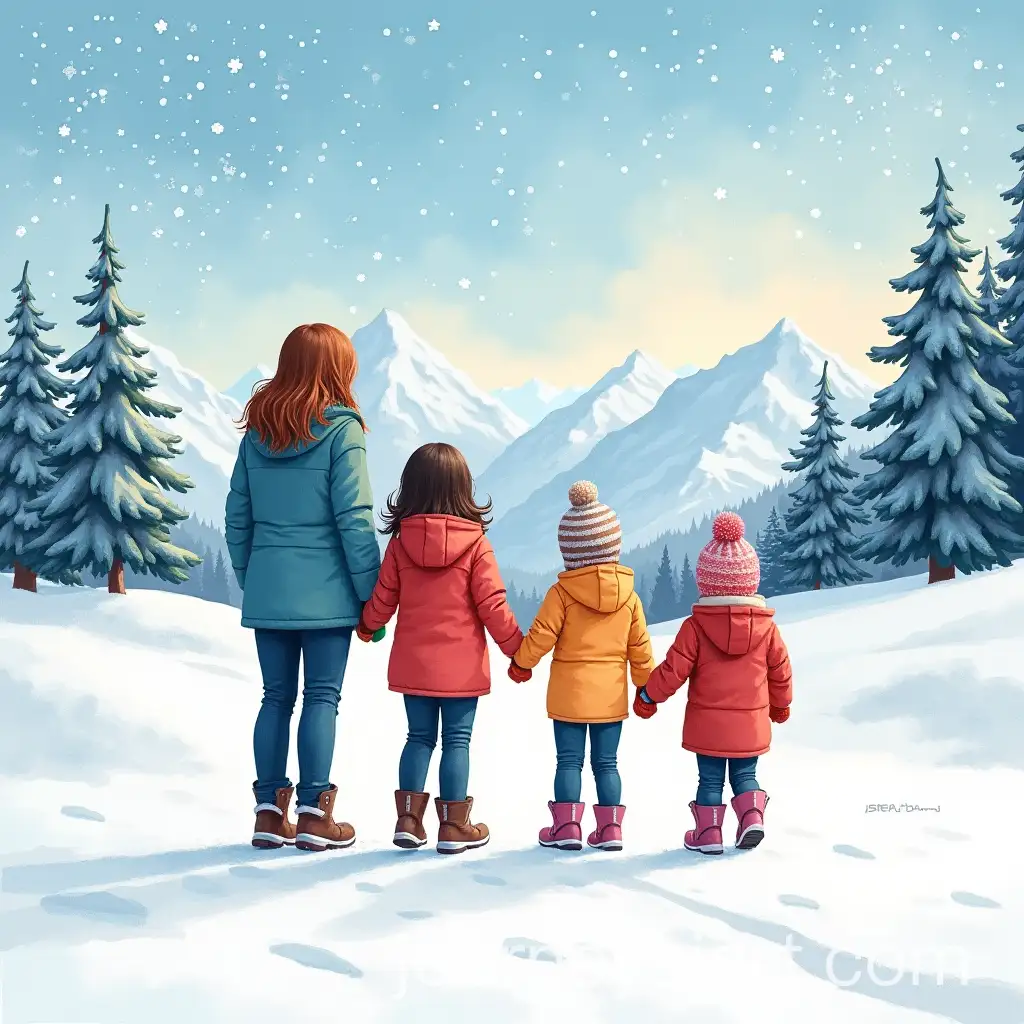 Family-in-Snowy-Landscape-with-Bright-Watercolor-Colors-and-I-Love-My-Family-Phrase