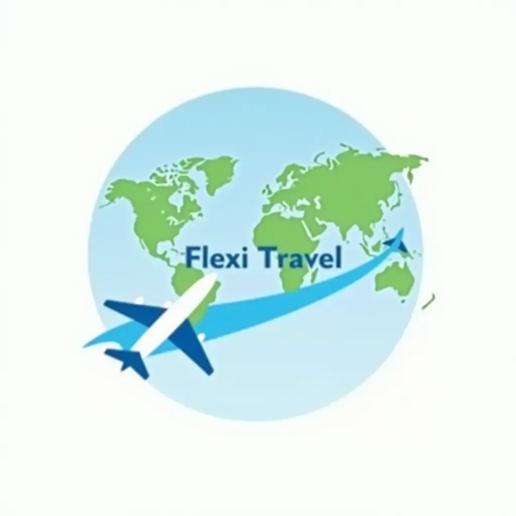 Name Flexi Travel, logo needs to have, modern font, plane, and the map of the world, blue, green