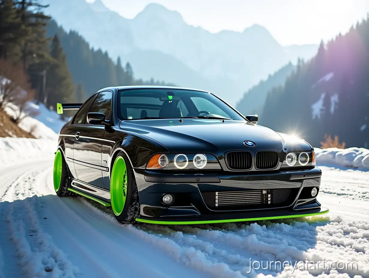 BMW-E39-with-Rocket-BunnyAI-Art-Prompt-Expansion-Style-Lime-Green-Trim-Parked-on-Mountain-Road-After-Snowfall