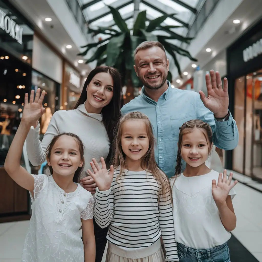 happy Russian family with children look at the camera, smiling and waving hands, portrait, tone of entertainment-trade center