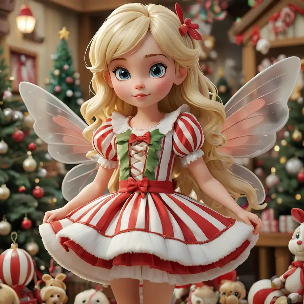 Christmas Fairy in Red and White Striped Dress Amidst Toys and Ornaments