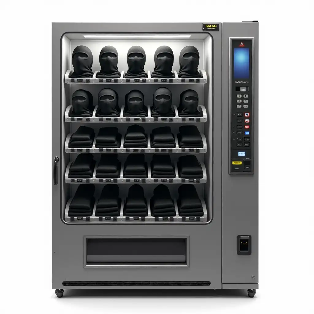 Vending-Machine-Displaying-Neatly-Folded-Black-Balaclavas-in-Rows