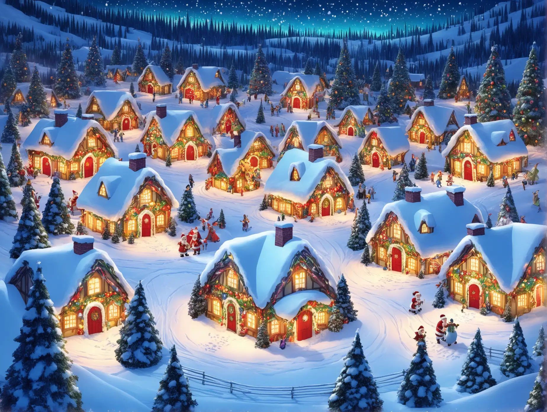 Magical-Aerial-View-of-Santas-Hidden-Village-at-Night-with-SnowCovered-Cottages-and-Christmas-Decorations