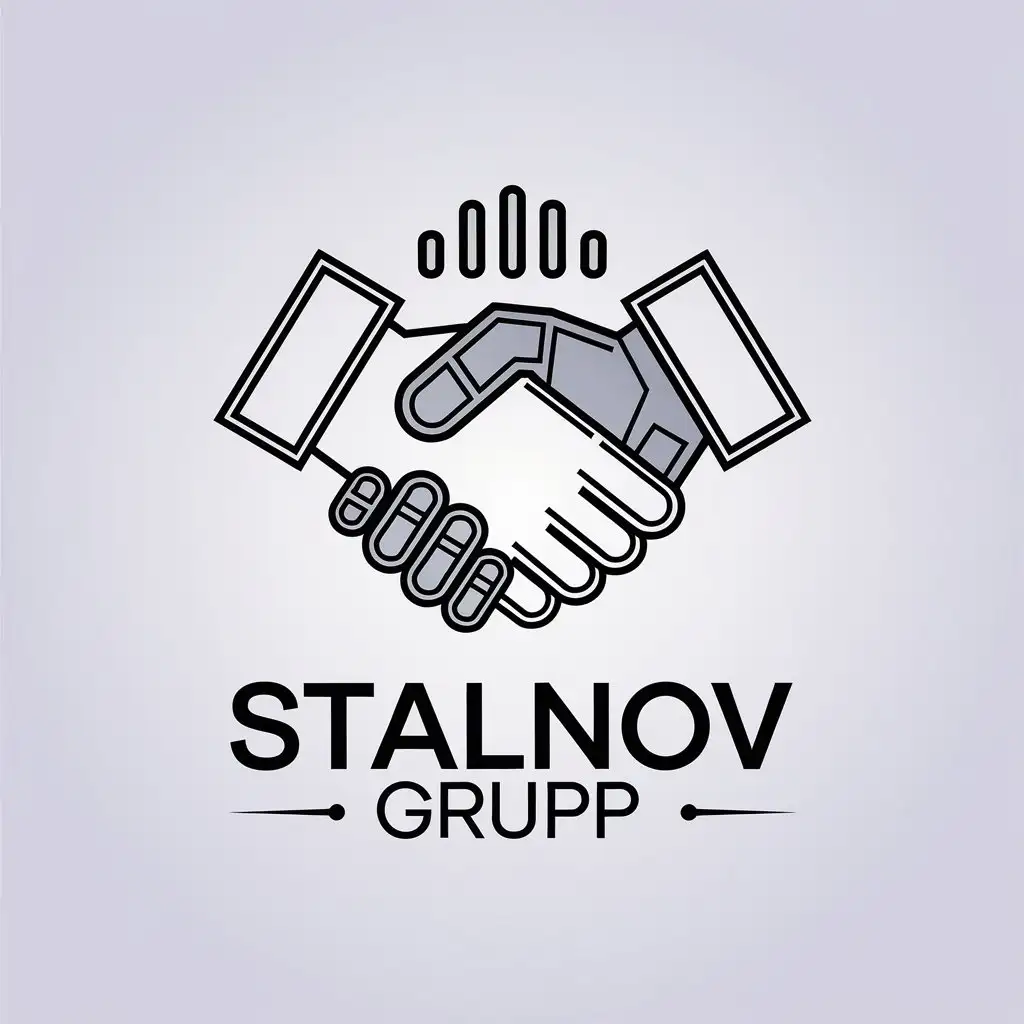 a vector logo design,with the text "StalNov Grupp", main symbol:handshake of a regular hand and a steel hand, strict style,Minimalistic,be used in Construction industry,clear background