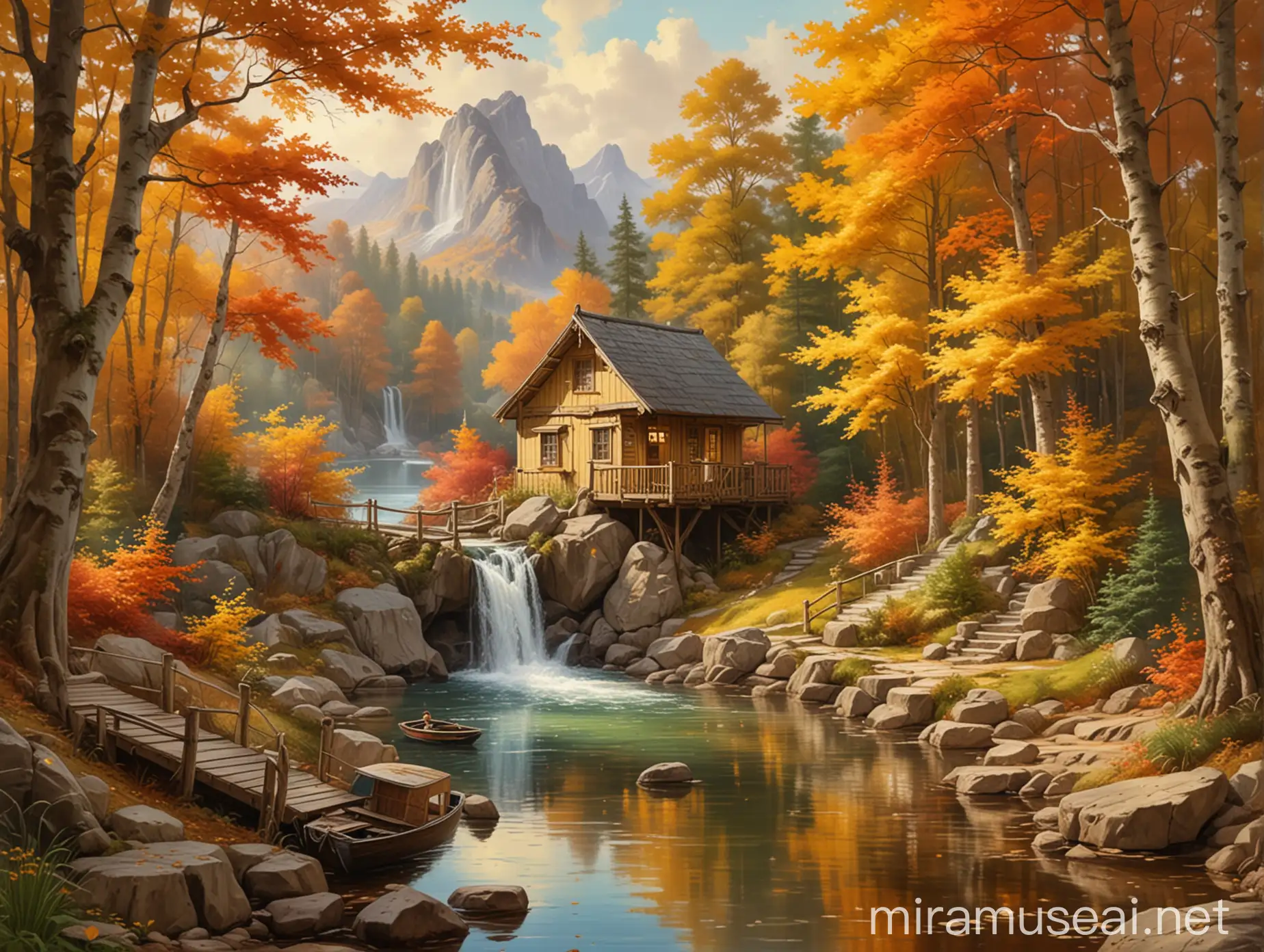 Autumn Forest Landscape with Waterfall Lake and Wooden Home