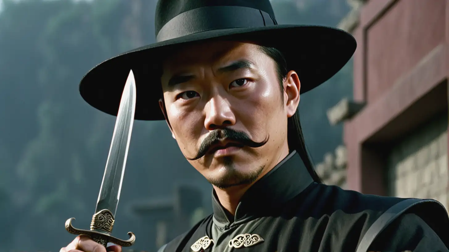 Chinese Man with Fu Manchu Mustache Holding Dagger in Black Fedora