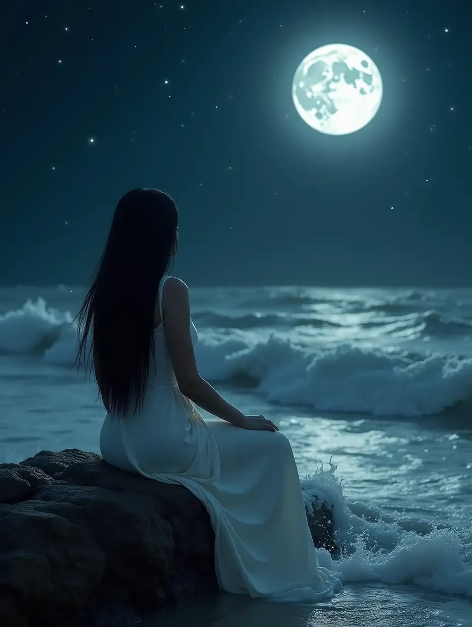 Woman-in-White-Silk-Dress-Gazing-at-Full-Moon-by-the-Sea