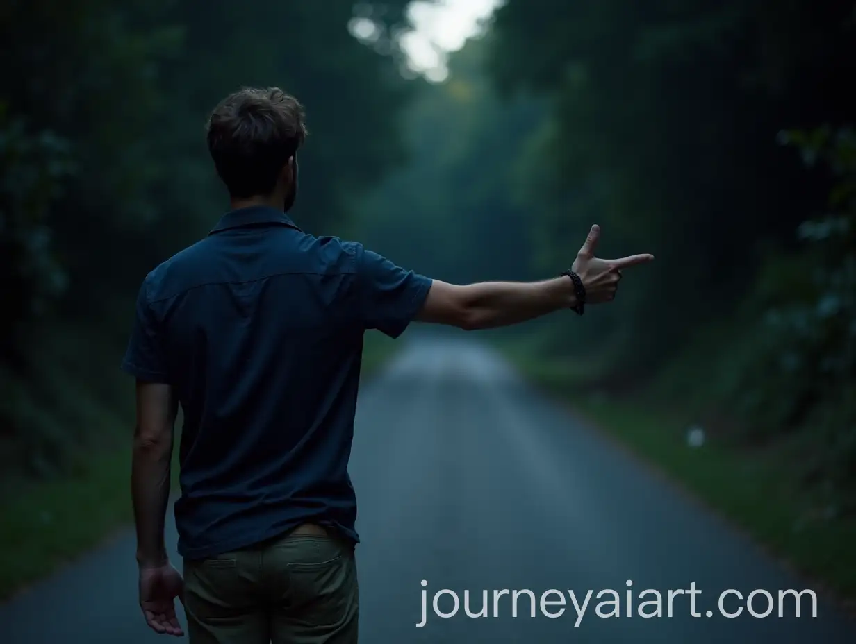 Handsome-Man-Pointing-Toward-a-Dark-Scary-Road-in-the-Night