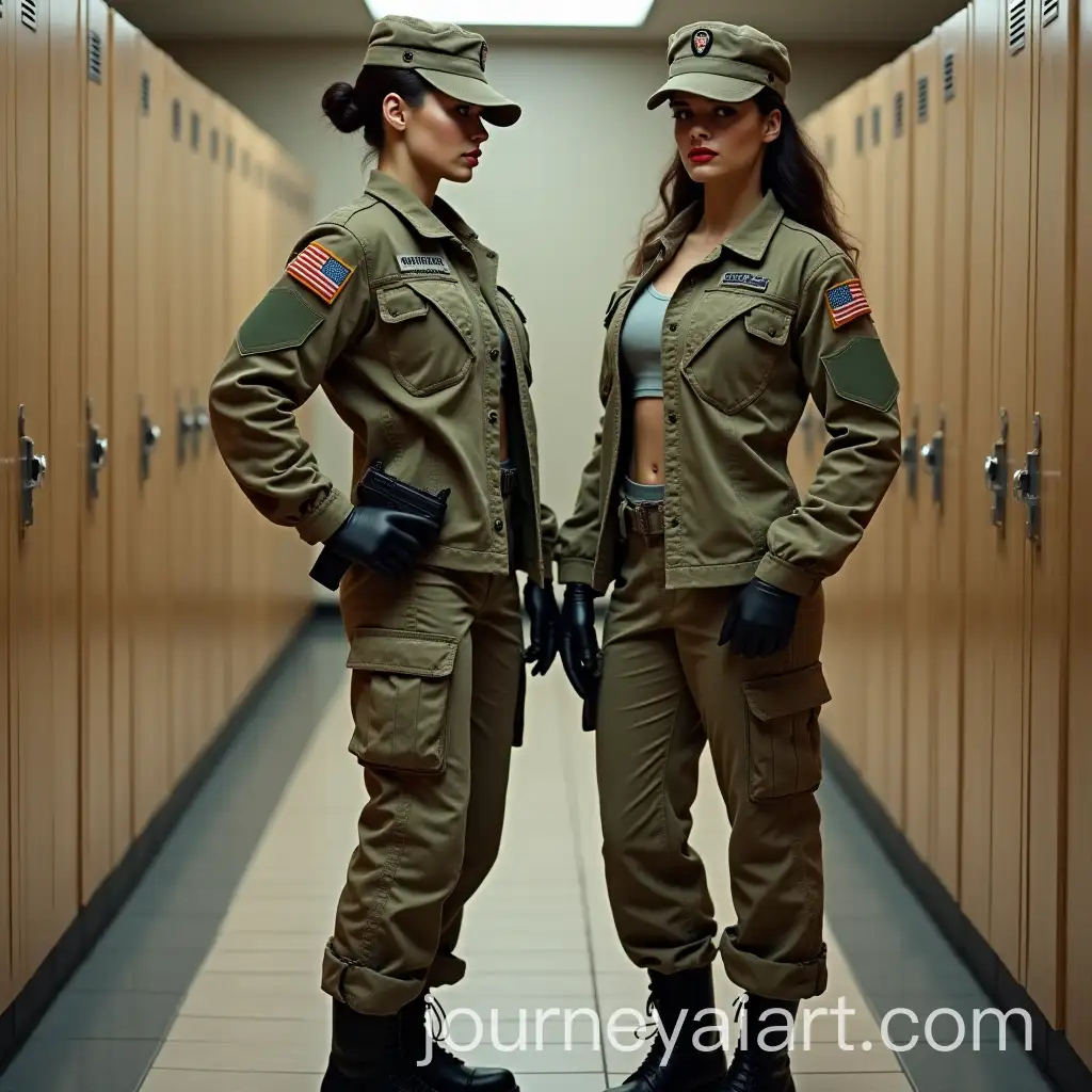 Two-Young-Military-Women-in-Camouflage-Uniforms-Standing-in-Womens-Locker-Room