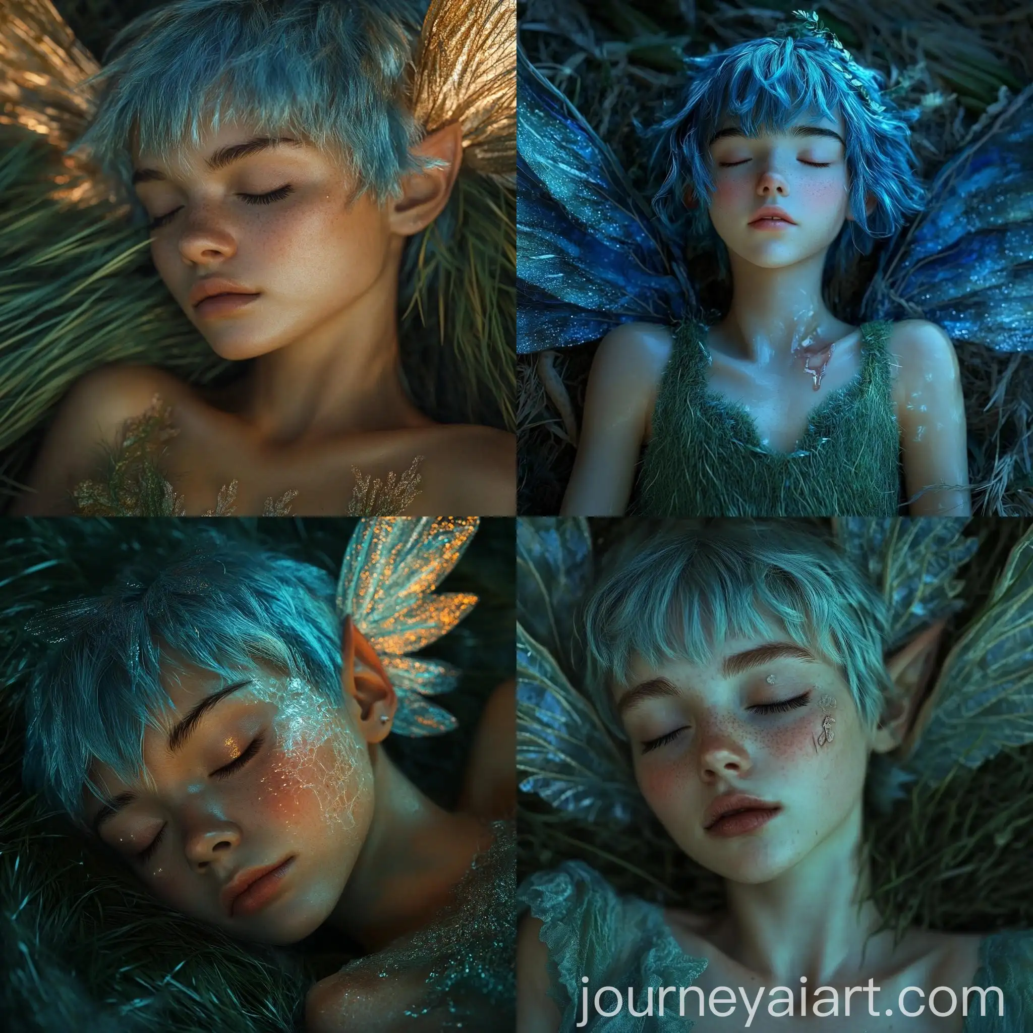 CloseUp-Image-of-a-Deceased-Pixie-with-Blue-Pixie-Cut-Hair-and-Smashed-Glowing-Wings