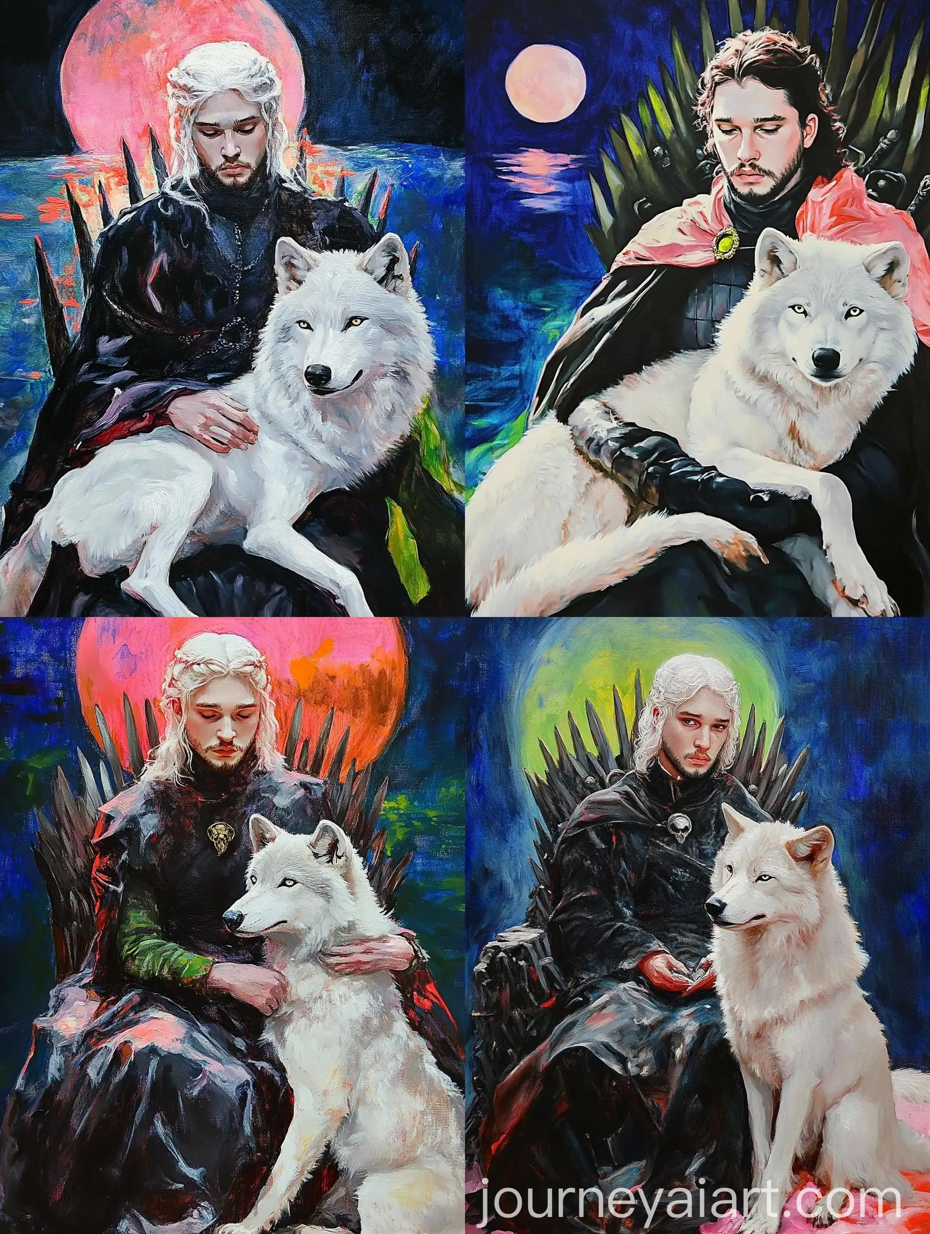 Jon-Snow-Sitting-on-Iron-Throne-with-White-Wolf-Oil-Painting