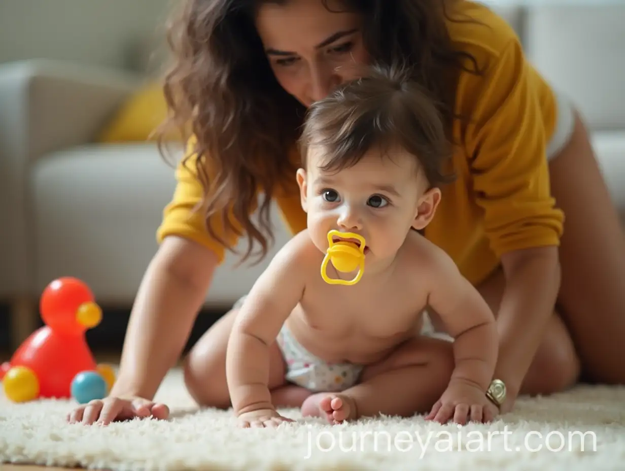 Baby-Boy-Crawling-with-Rattle-and-Mom-Checking-His-Diaper-in-a-Living-Room