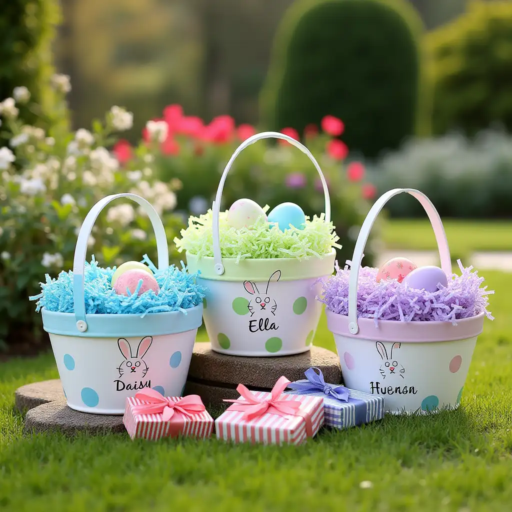 Three Easter baskets are placed on a grassy patch in a garden. The basket on the left features a white base with blue polka - dots on the upper part, filled with light - blue shredded paper and colorful Easter eggs in shades of blue, pink, and green. The middle basket has a white base with green polka - dots on top, containing green shredded paper and various Easter eggs. The basket on the right has a white base with purple polka - dots, filled with purple shredded paper and eggs. Each basket has a handle and is decorated with a bunny - shaped embroidery and names 'Daisy', 'Ella', and 'Lily' written in cursive.nNearby, there are several gift - boxes of different sizes and colors. One is a large rectangular box wrapped in a red and white striped paper with a big bow on top. Another is a small square box covered in a pink floral - printed paper. There's also a medium - sized box with a blue and white checkered pattern. The garden in the background is lush with green foliage, blooming flowers of various colors, and a stone pathway winding through it, creating a serene and festive atmosphere.