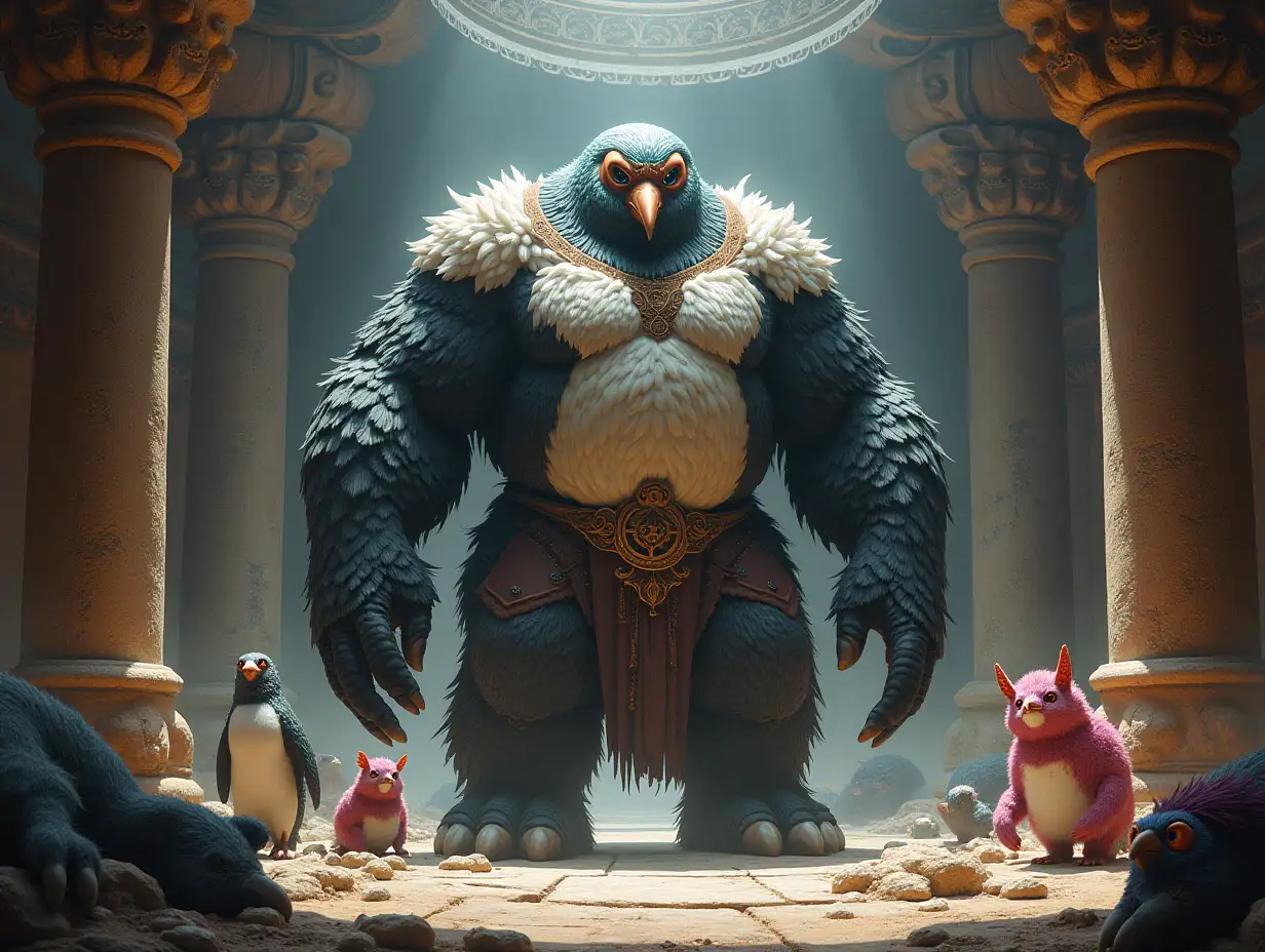 user_prompt: Ultradetailed hyperrealistic portrait of a giant titan with penguin head, full-body feathers in a temple with various strange creatures with intricately detailed, colorful