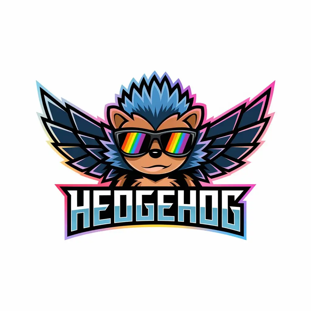 a vector logo design,with the text "hedgehog", main symbol:hedgehog rainbow black sunglasses wings cyberpunk,Moderate,clear background