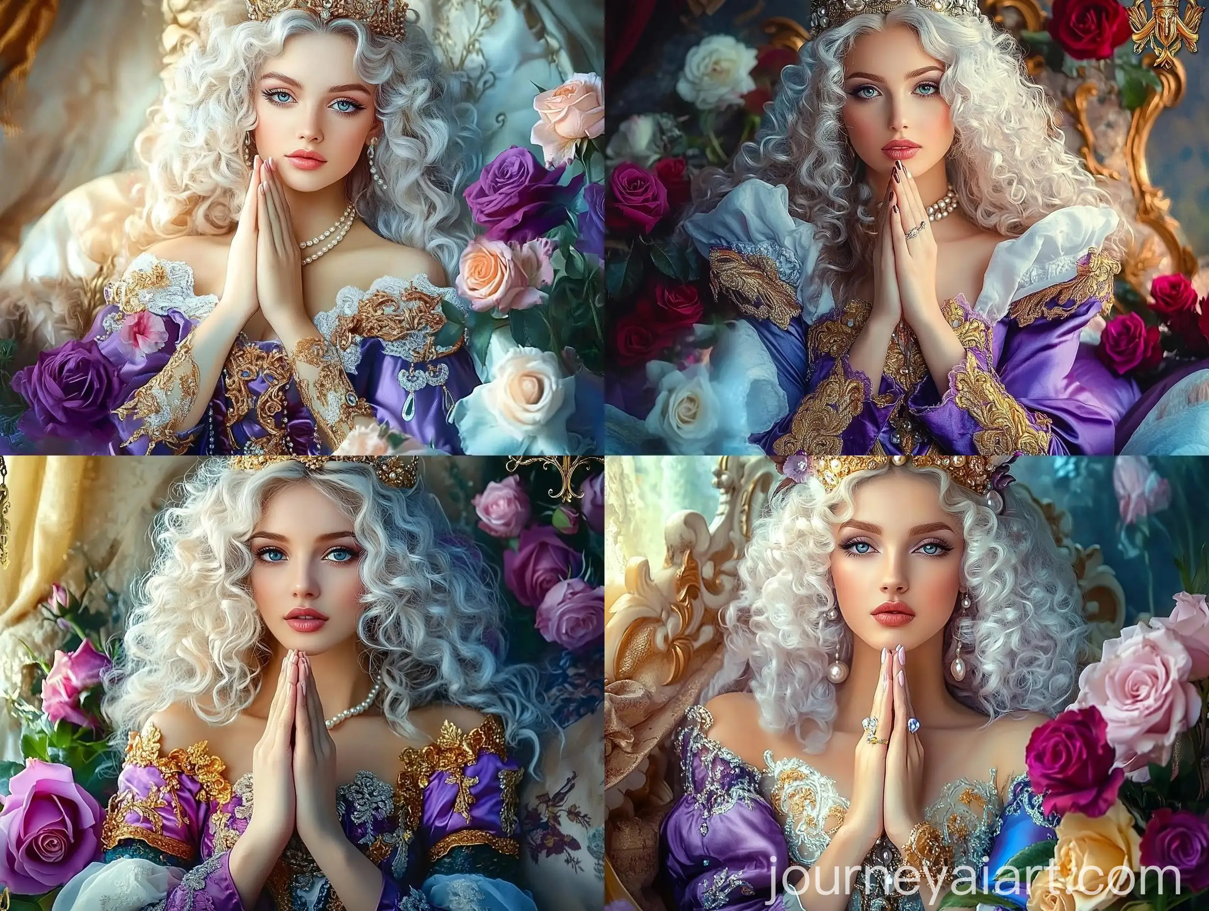 Medieval-Queen-in-Ornate-Dress-Praying-on-Luxurious-Bed