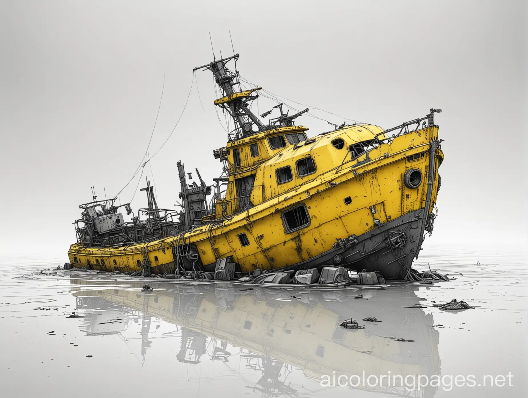 PostApocalyptic-Capsized-Abandoned-Mech-and-Yellow-Fishing-Boat