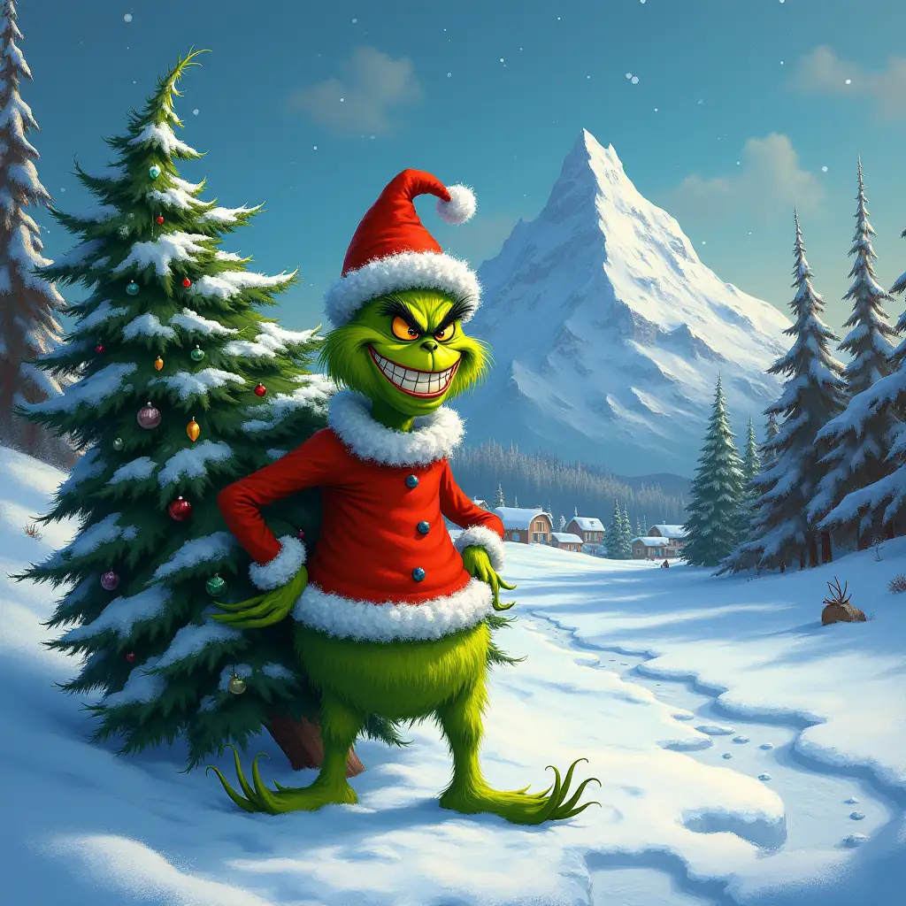 Green Grinch with a sinister grin stealing a Christmas tree from Whoville, Mount Crumpit in the snowy distance.