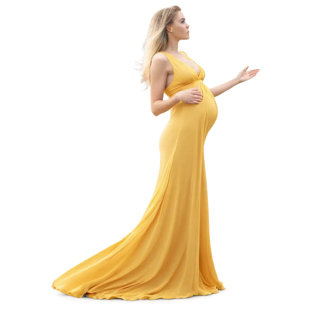 blond pregmant woman in long  yellow dress with fabric blowing in the wind super realistic image 8k