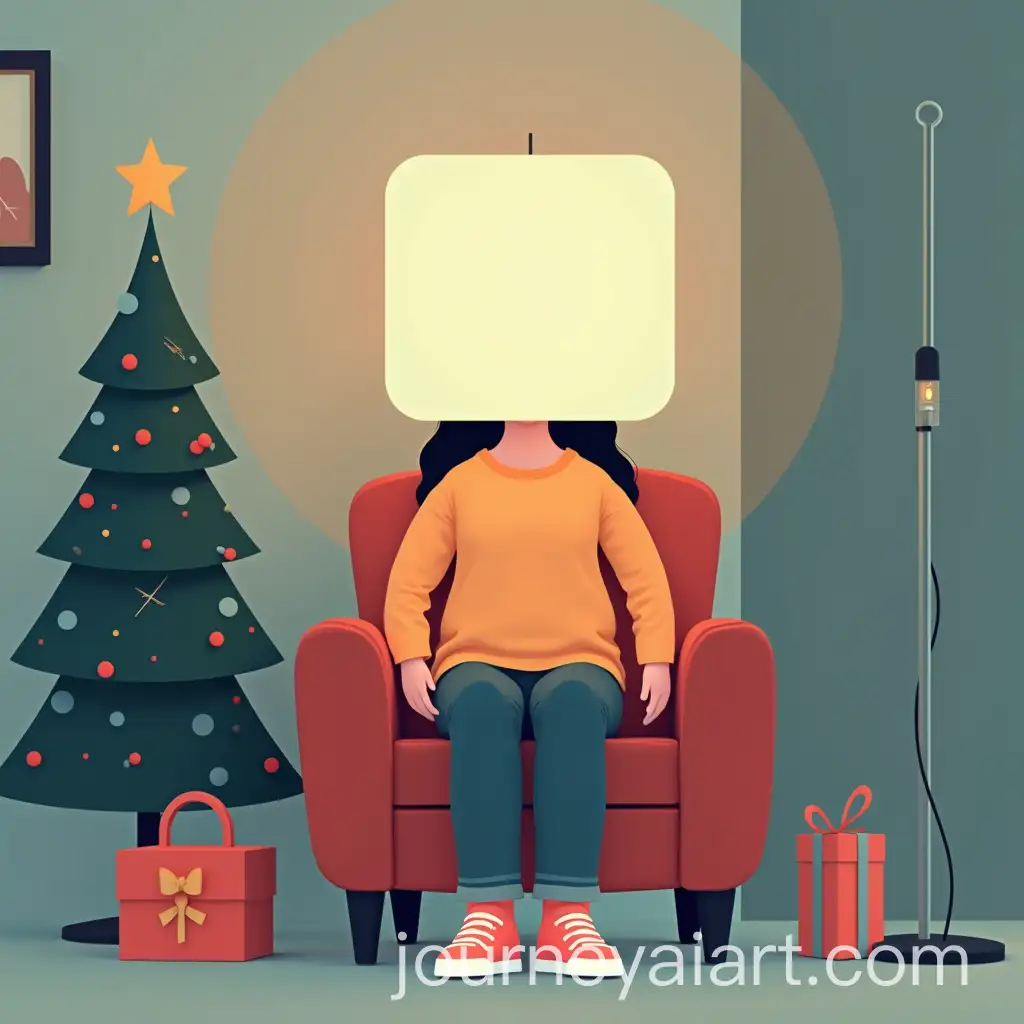 Girl-with-Square-Lamp-Head-Sitting-Next-to-Christmas-Tree-in-Modern-Interior