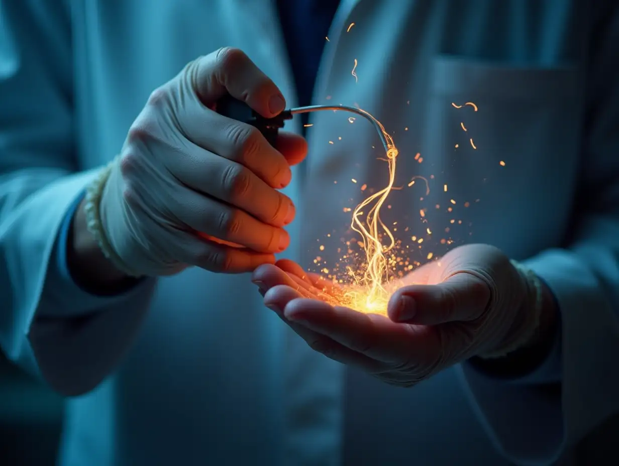 a person's hand getting electrified by a laboratory's faulty mechanical device