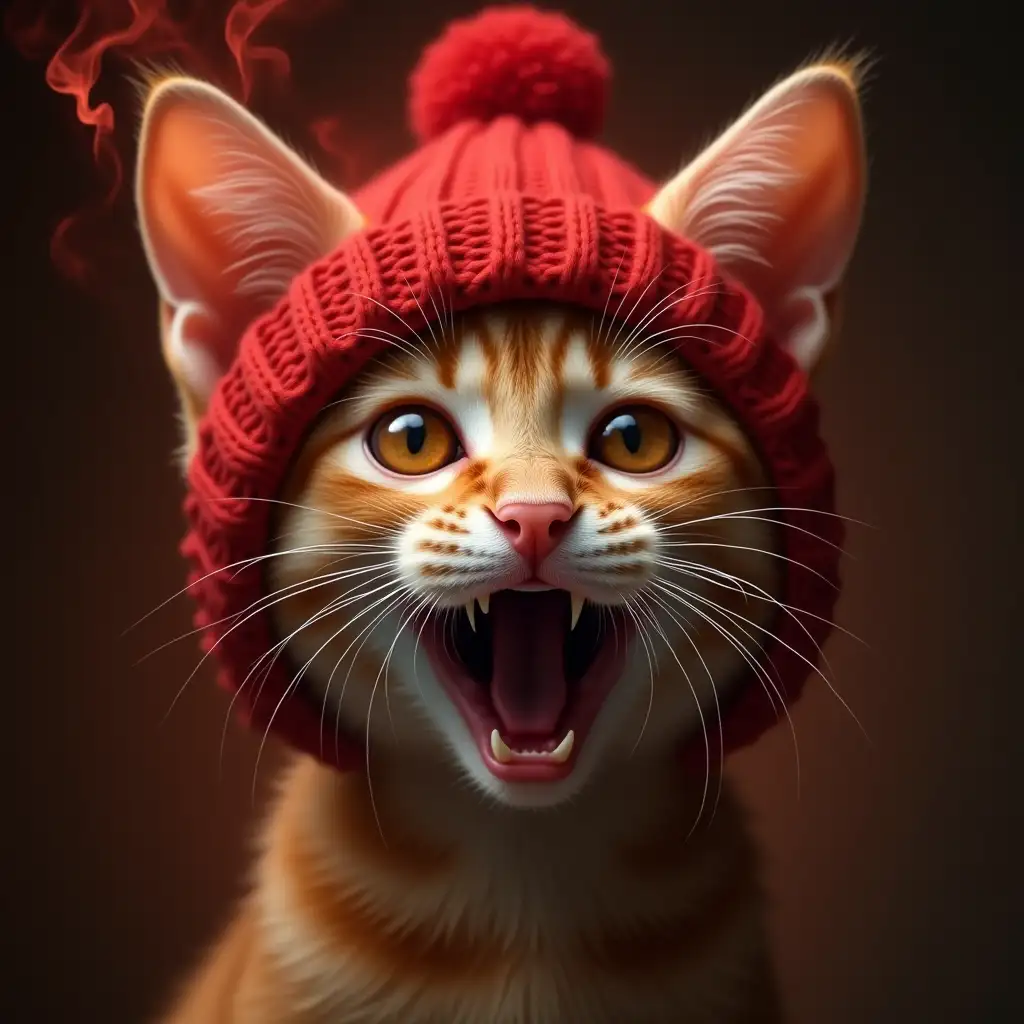 ginger nice real kitten in a knitted hat. red eyes, red smoke coming out of the ears. mouth open and shouting