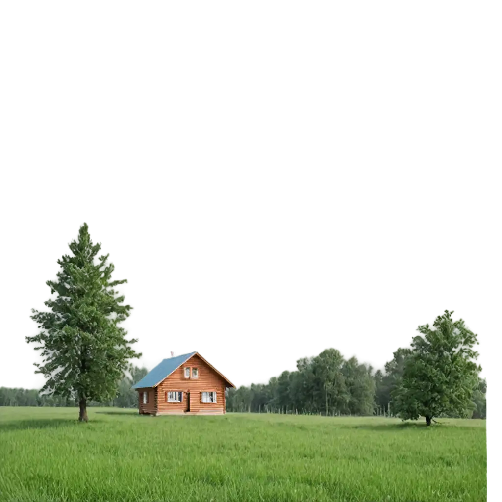 Serene-Grass-Field-with-a-Small-Russian-House-and-Trees-PNG-Image