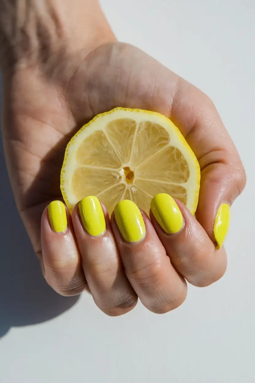 A top-down view of a hand holding a fresh, bright yellow lemon slice. The fingernails are painted in a vibrant, zesty lemon yellow nail polish with a high-gloss finish. The lighting is bright and direct, highlighting the vividness of the yellow color. The background is a clean, white surface