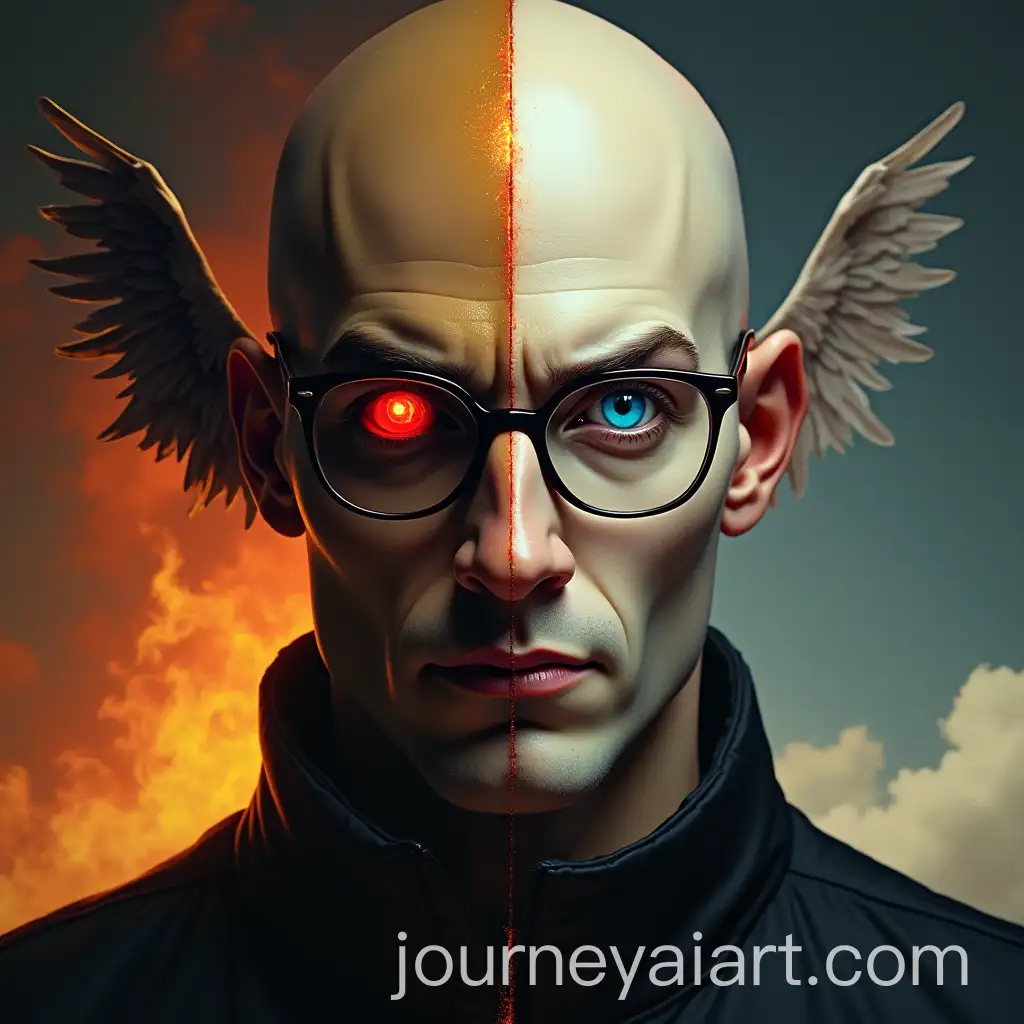 Surrealist-Portrait-of-Divided-Man-Celestial-Serenity-and-Demonic-Darkness