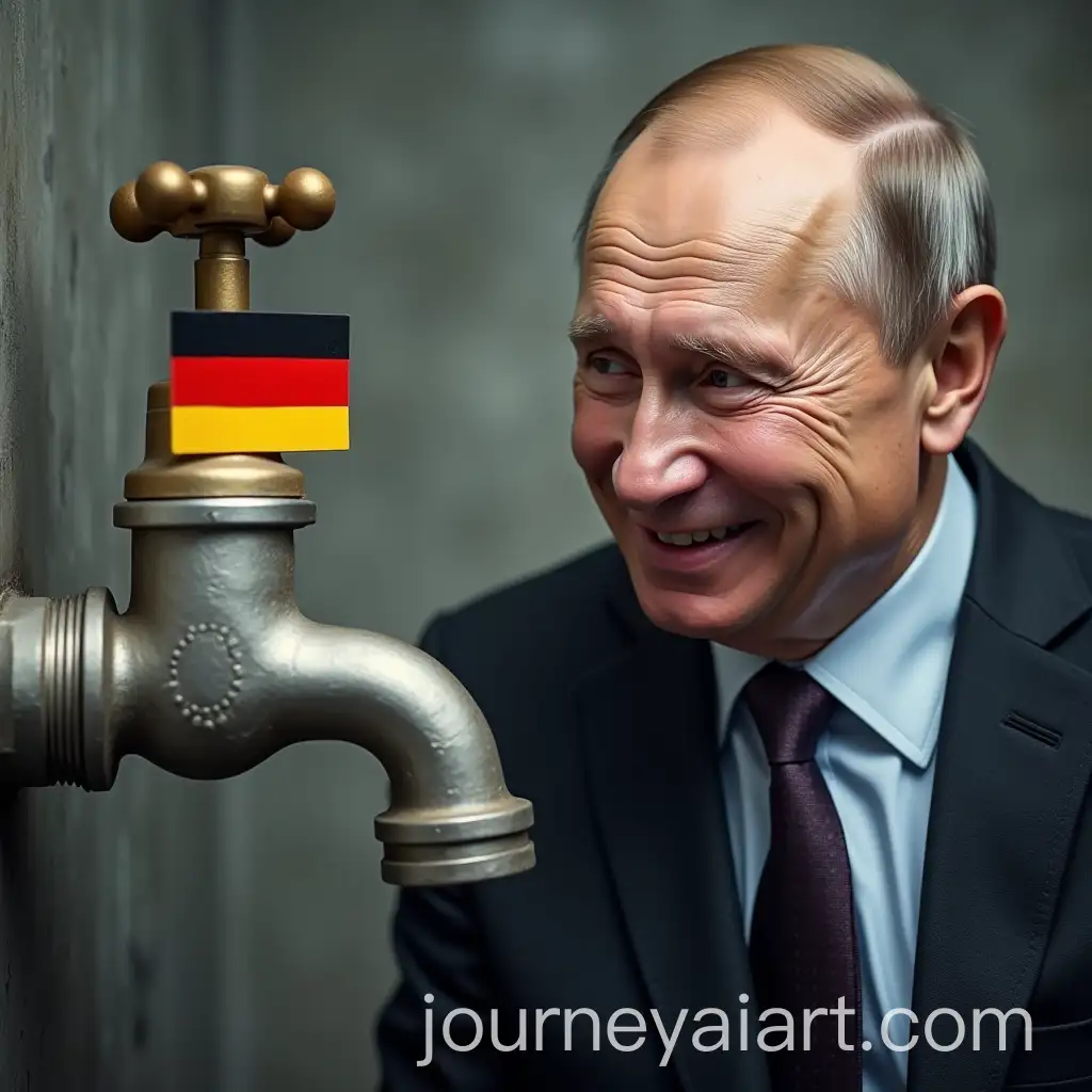 Vladimir-Putin-Smiling-Before-Empty-Faucet-with-German-Flag-Commentary-on-Energy-Policy