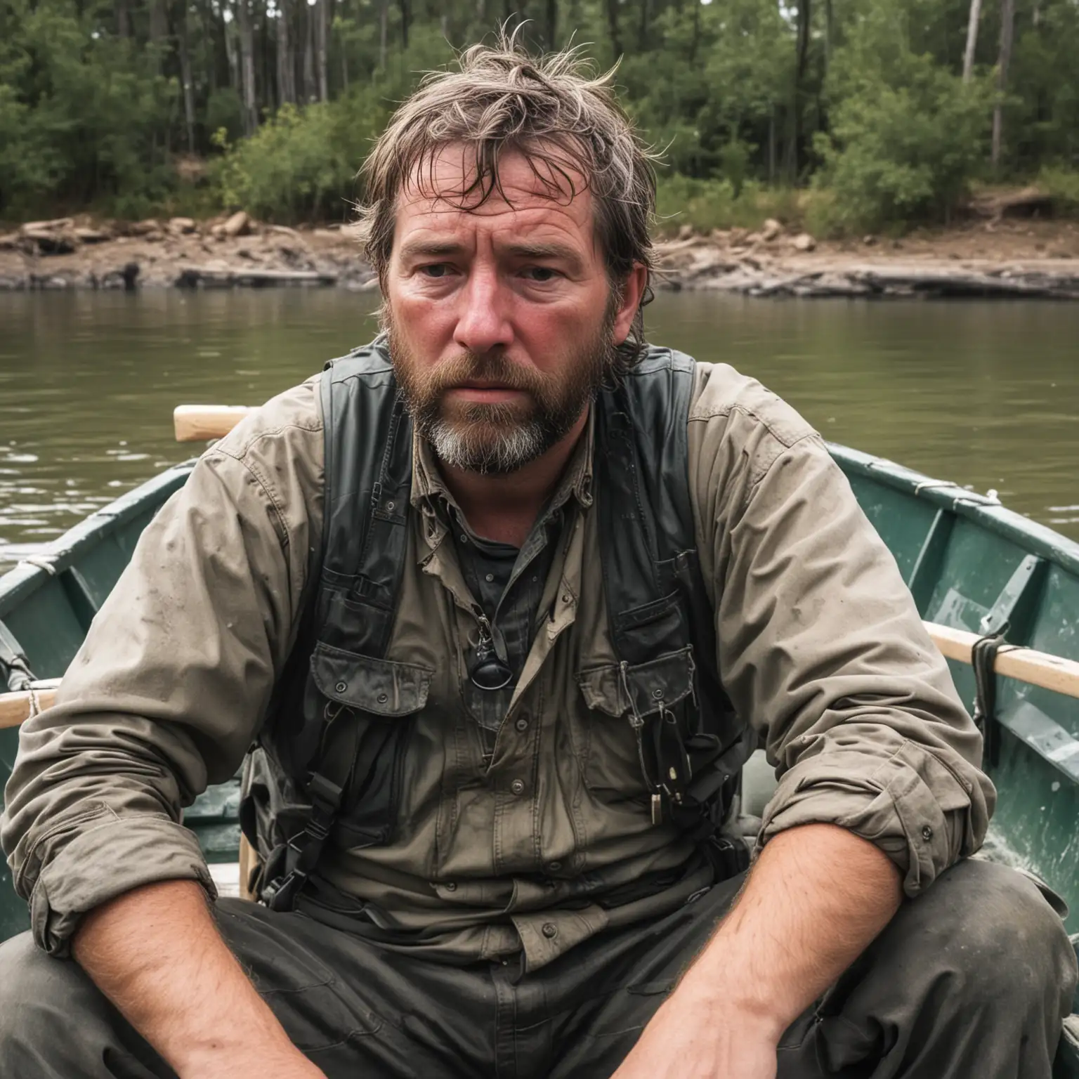 Middleaged Fishing Guide in Drift Boat Showing Anguish and Exhaustion