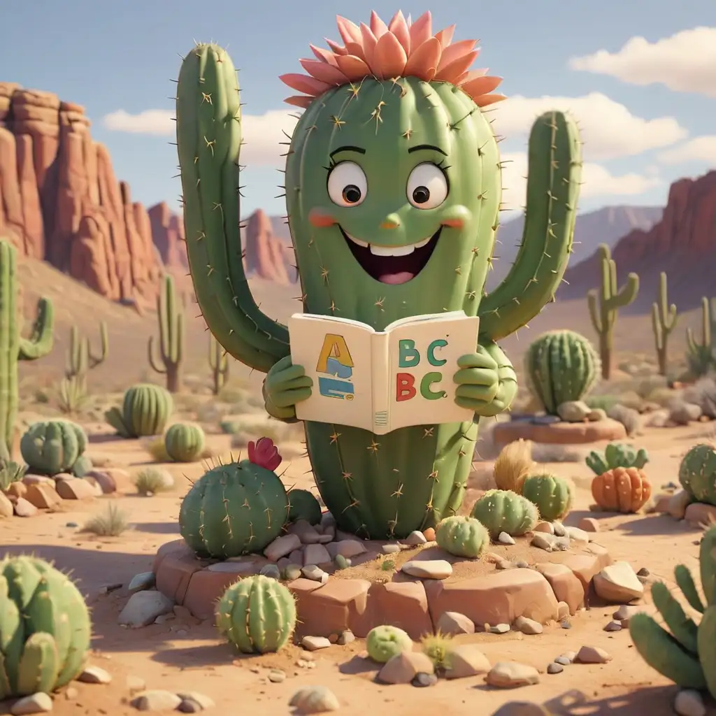 Cartoon Cacti Reading ABCs in Colorful Desert