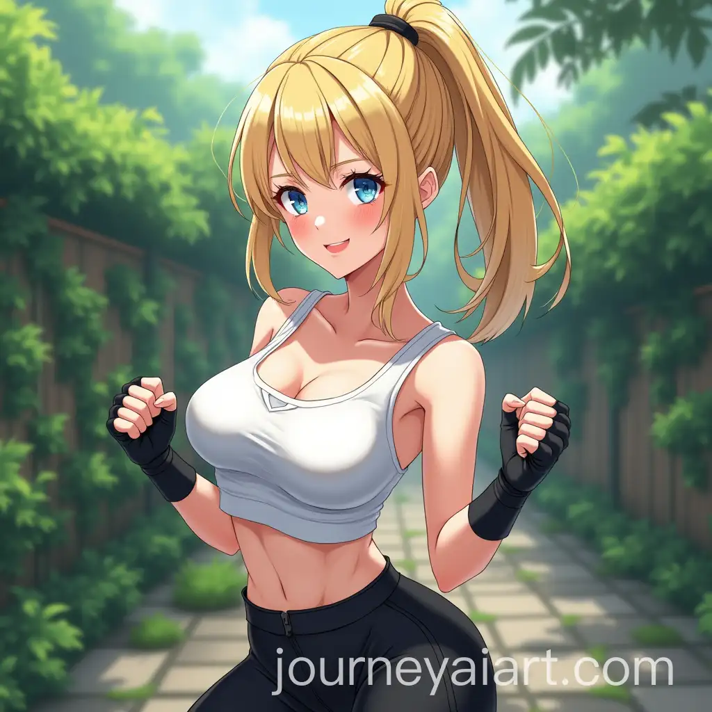 Blonde-Woman-in-Combat-Pose-Smiling-in-Garden-with-Black-Outfit-and-Gloves