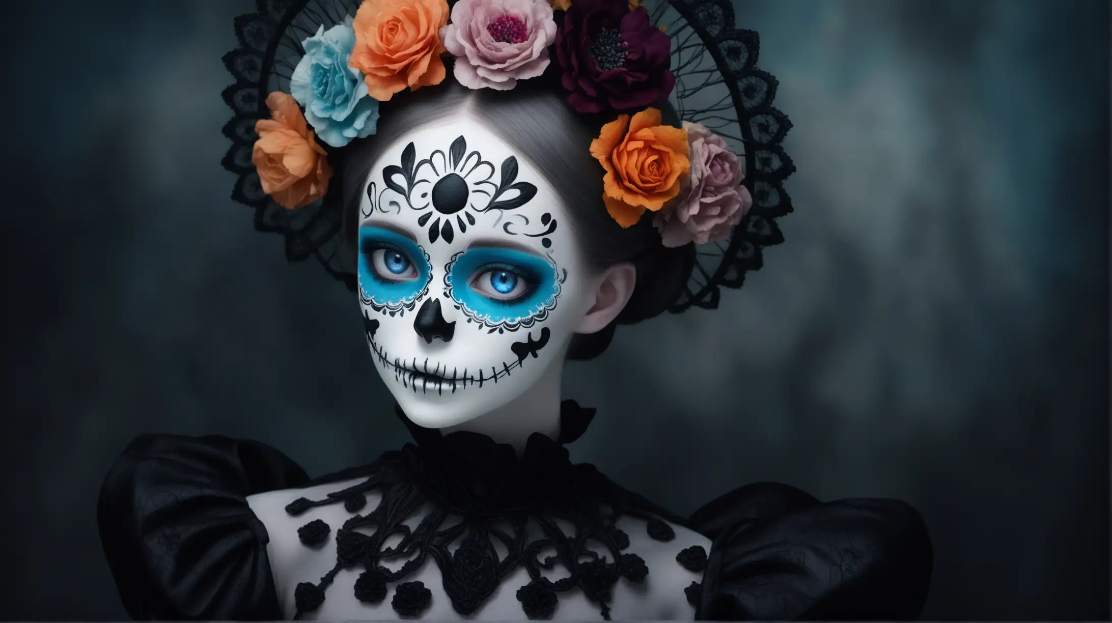 Moody Portrait of Girl with Sugar Skull Makeup and Flower Headpiece