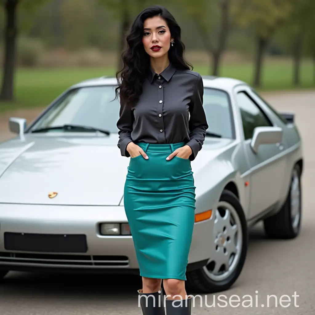 Fashionable Woman in Aqua Leather Skirt Beside a Silver Porsche 928