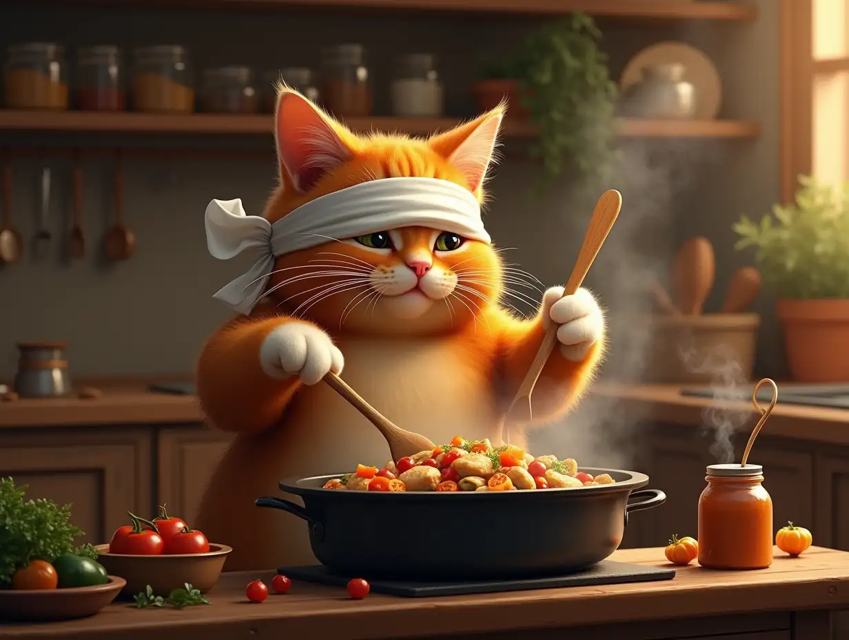 A highly detailed and ultra-realistic digital painting of a chubby, fluffy orange tabby cat with white paws, cooking in a cozy, rustic kitchen. The cat is wearing a white blindfold and holding a wooden spoon, carefully stirring a large black pot filled with chicken, vegetables, and aromatic spices. The warm, golden lighting enhances the cozy atmosphere, with shelves in the background lined with spice jars, cooking utensils, and kitchen essentials. The scene has a whimsical yet cinematic feel, blending realism with fantasy as the cat takes its culinary skills seriously. The steam rising from the pot adds to the rich sensory detail.