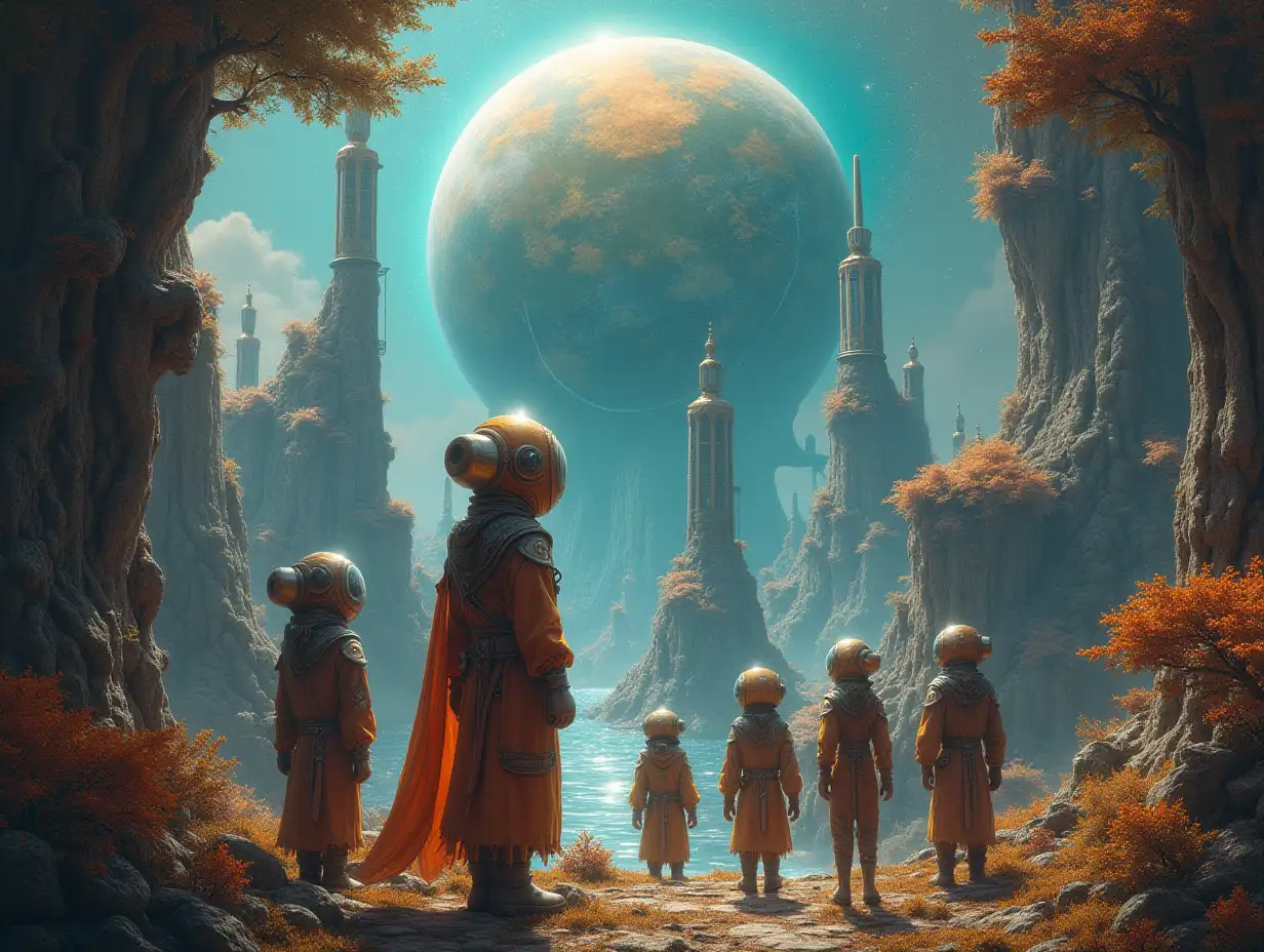 Ultradetailed hyperrealistic portrait of a multiverse time traveler with various strange beings with futuristic glass towers in front of a elaborately detailed, colorful, forested alien planet