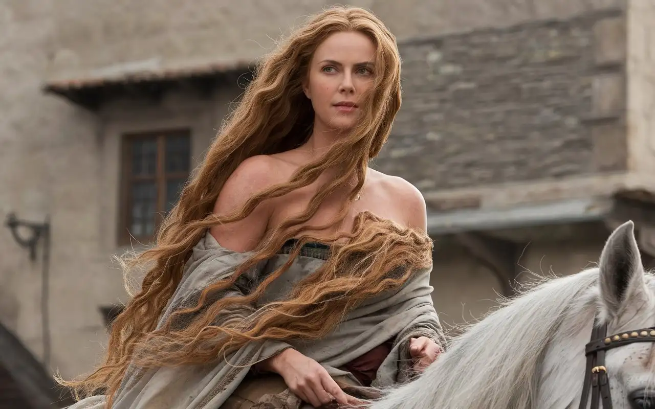 Charlize-Theron-as-Lady-Godiva-Riding-a-White-Horse-Covered-in-Golden-Hair