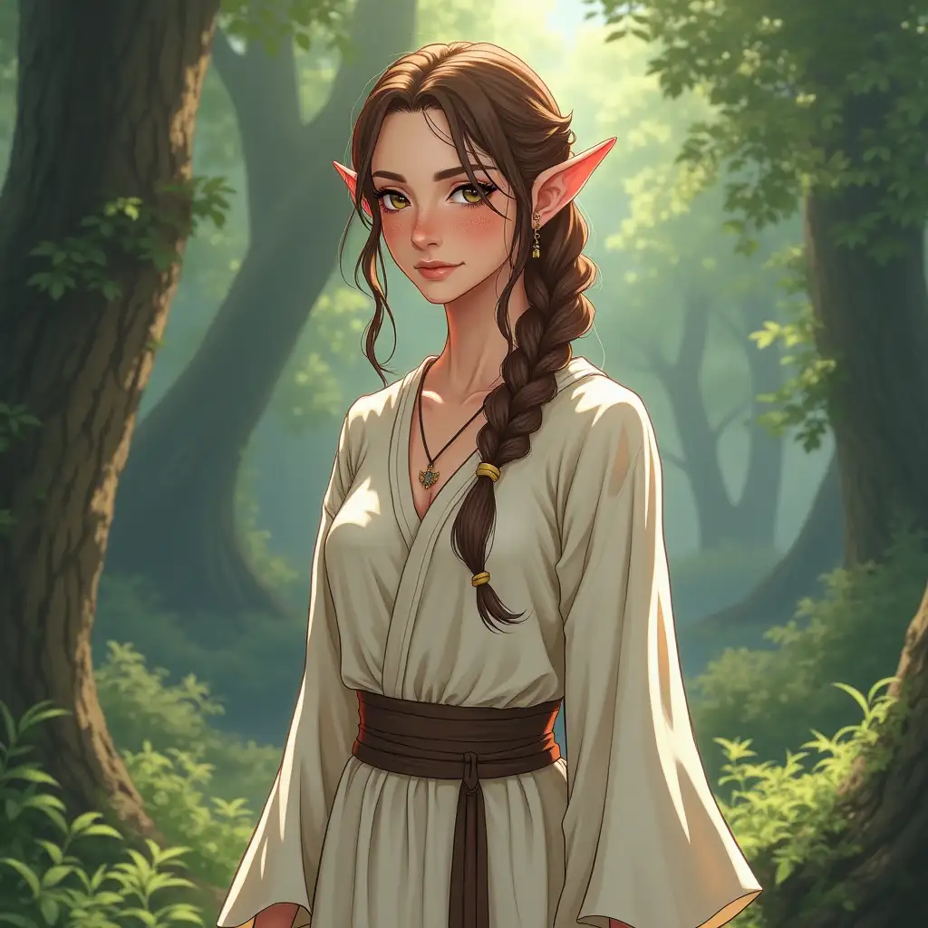 Elf girl, 30 years old, freckles, realistic anime style, pointed ears, long braid on her head, dressed in a white chiton, full-length, forest